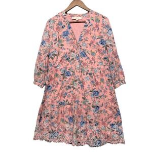LOFT Dress Womens 12 Pink Floral Tiered Boho Eyelet V-Neck 3/4 Sleeve Feminine